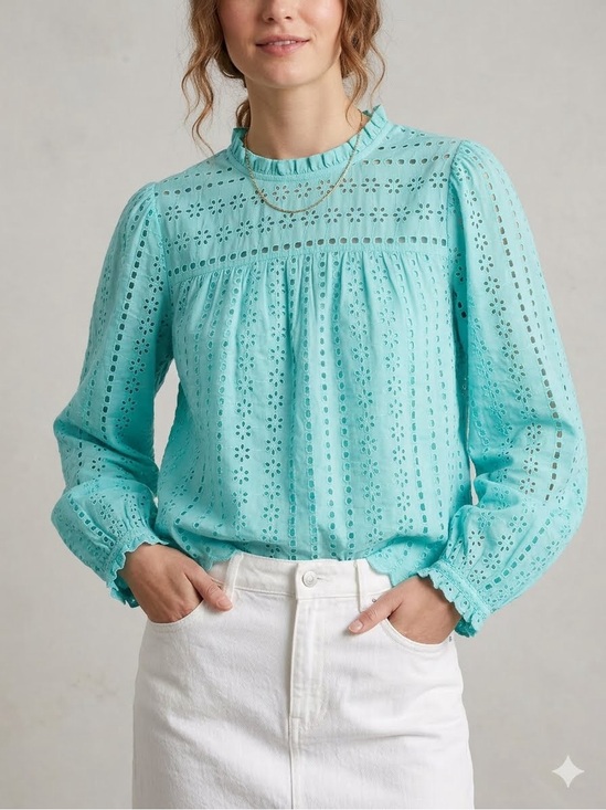 J. Crew Tops - J. Crew Eyelet Lace Blouse Top Aqua Blue M High Neck Long Puff Sleeve Cotton